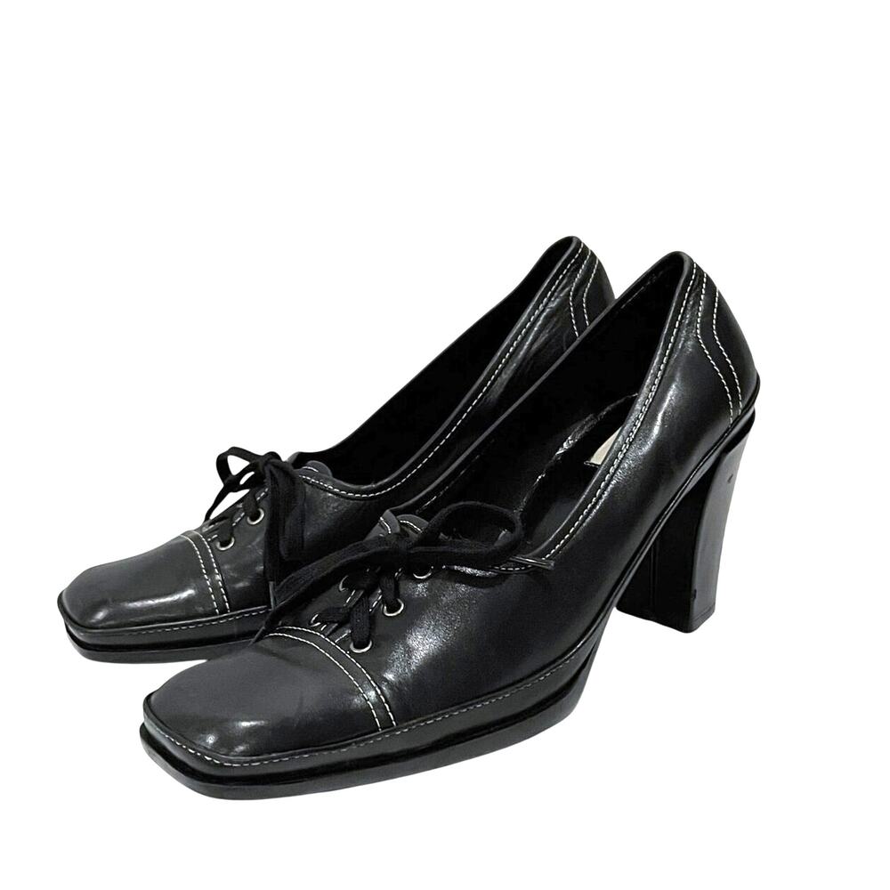 Vintage 90s Lace Up Oxford Size 8.5 Black Leather Square Toe Heels VS Macbeth - Picture 2 of 15
